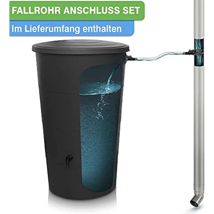 YourCasa Regentonne 160 Liter mit Anschlusset & Bohrer, Anthrazit, Wetterfest, Kunststoff, Wasserhahn, für Garten – Bild 2