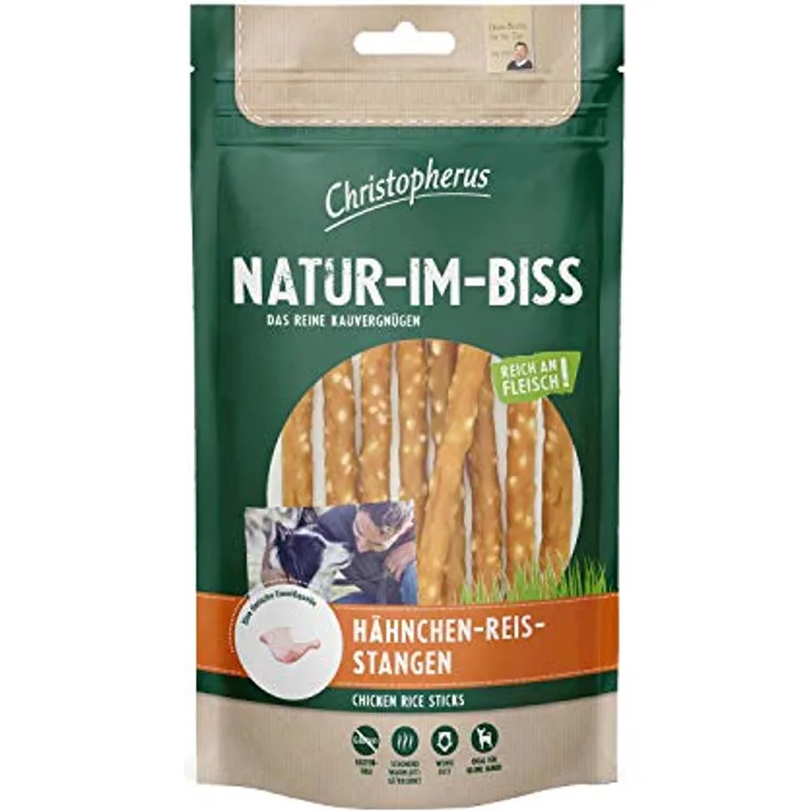 Christopherus Kausticks für Hunde, Hähnchen-Reis-Stangen, Warmluftgetrocknet, Natur-Im-Biss, 70 g