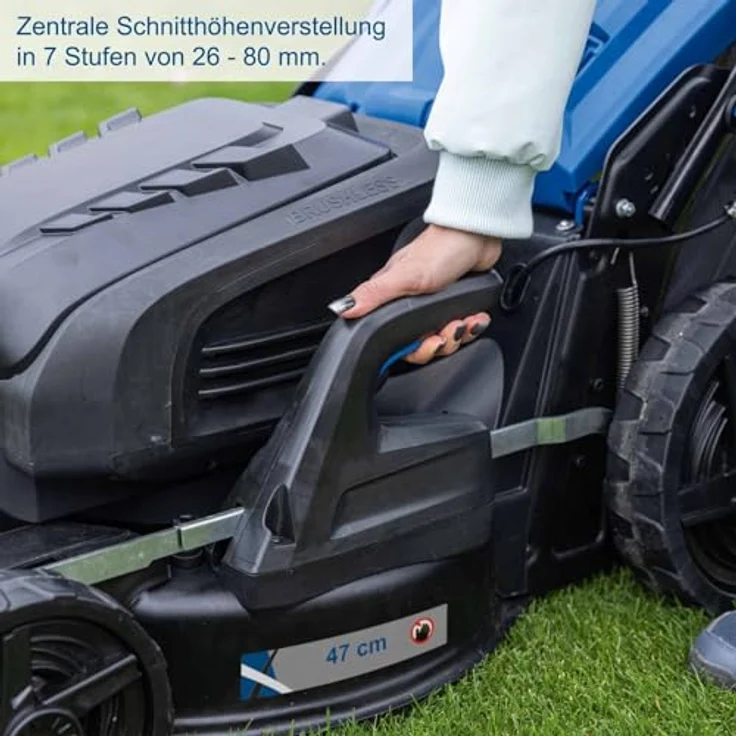 Scheppach IXES 20V Akku-Rasenmäher BC-MP470-X, 40 V mit 4 Akkus (4 Ah), Schnittbreite 470 mm, 50-Liter Fangkorb, zentrale Schnitthöhenverstellung – Bild 8