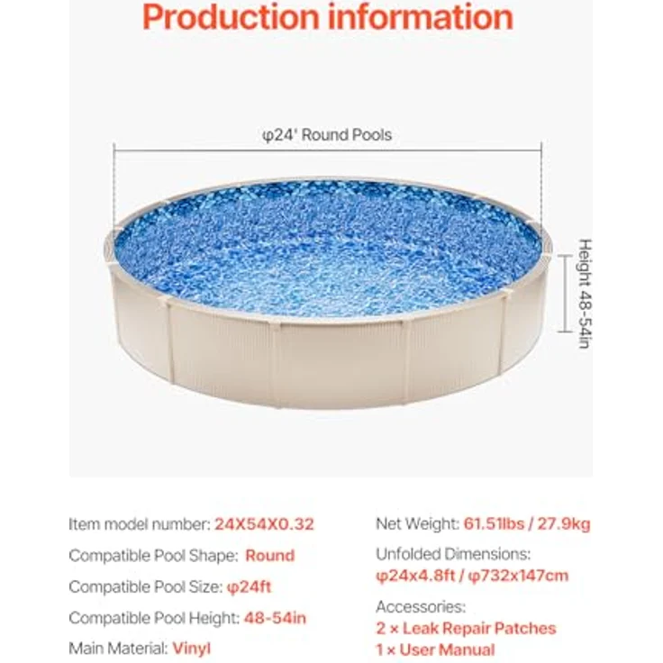 VEVOR YCNCROUND24F9N24HV0, Rundschwimmbeckenauskleidung aus Vinyl, blau, für 24 Fuß Pool mit 54 Zoll Wandhöhe, 7,32 m x 137 cm – Bild 7