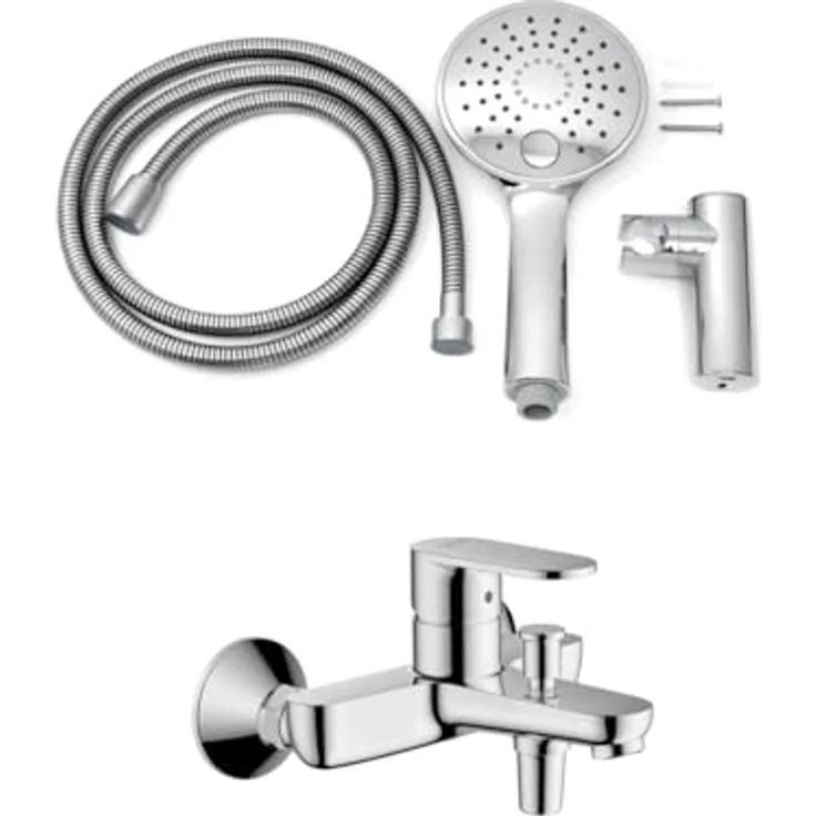 Belvit Hansgrohe Vernis Blend Wannenmischer Set, Keramikmischsystem, Handbrause mit Mehrstrahl, 150 cm Brauseschlauch, Umsteller Wanne/Dusche, Wandmontage, Chrom, Anti-Kalk Düse – Bild 1