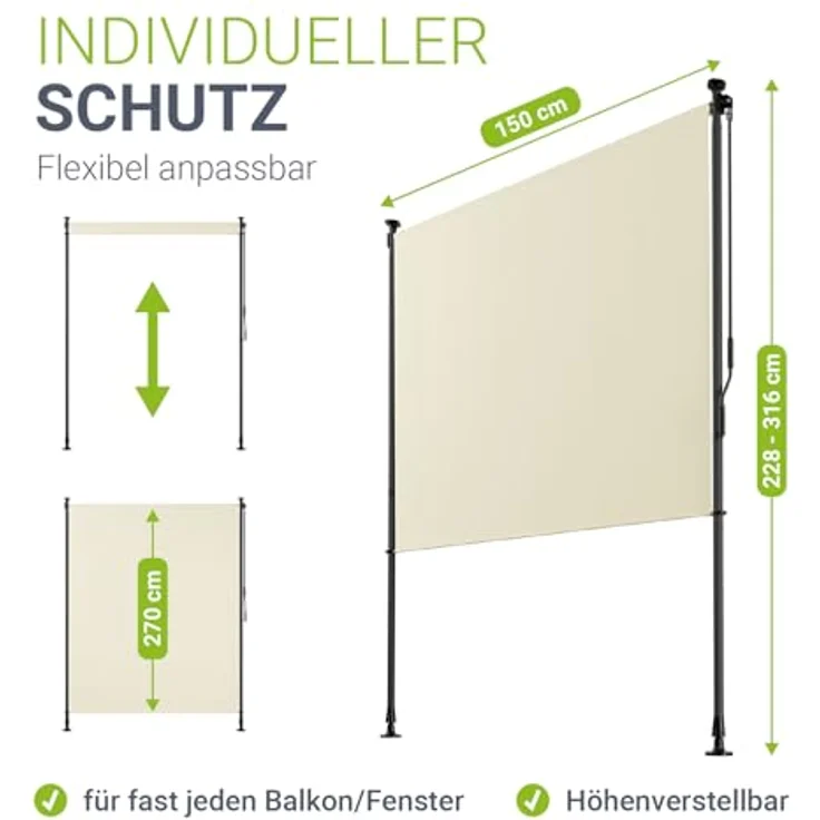 Juskys Senkrechtmarkise Barbados 150x310 cm - Beige - Wetterfester Balkon Sichtschutz ohne Bohren - UV-beständiger Stoff - Flexibel einsetzbar – Bild 5
