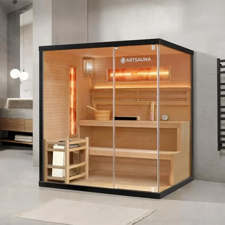 Artsauna Sauna Vantaa 175, BxTxH: 175 x 140 x 190 cm, 5 mm, 2 große Salzsteine, Ambientebeleuchtung, Schwarz/Natur, 8 kW Ofen und Saunasteine, 4 Personen Saunakabine – Bild 3