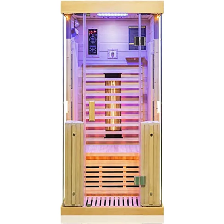 Dewello® Infrarotkabine Infrarotsauna Kingston 90cm x 90cm für 1 Person aus Hemlock Holz mit verstellbarem Vollspektrumstrahler