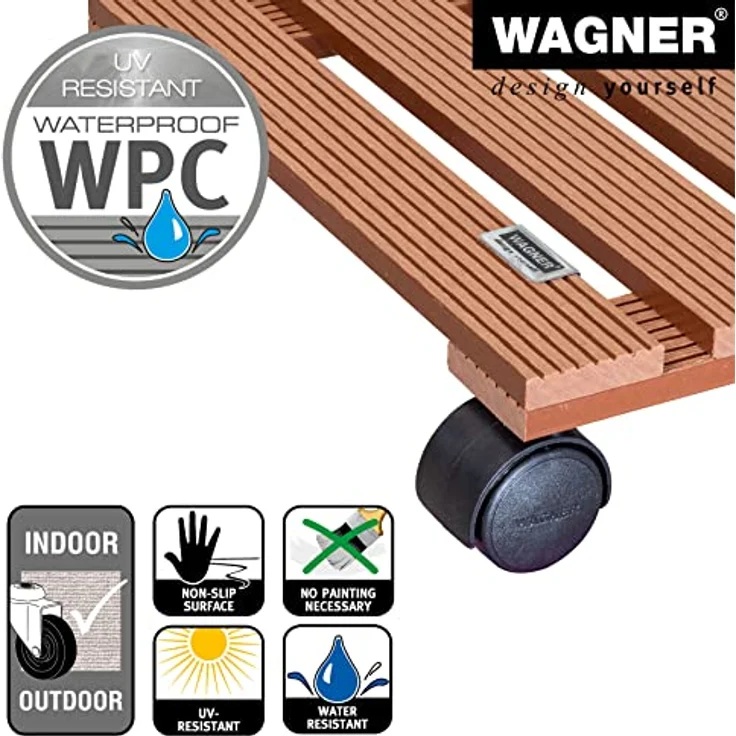 WAGNER Pflanzenroller WPC 29 x 29 x 8,5 cm I Pflanzenroller & Blumenroller für Außenbereich + Innenbereich, Terracotta I Kübelroller aus WPC (Wood Plastic Composite) I Tragkraft 60 kg - 20051001 – Bild 5