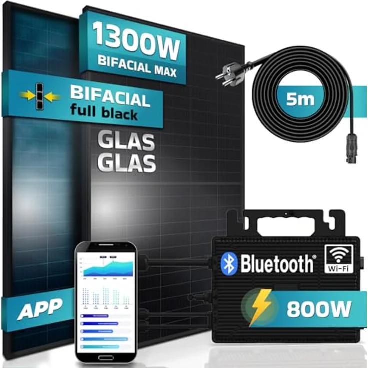VENDOMNIA SUNNIVA® 1300W Balkonkraftwerk mit 800W Astro E Wechselrichter, 2x 500W bifazialen Glas-Glas Modulen, schwarzes Design, 5m Anschlusskabel – Bild 2