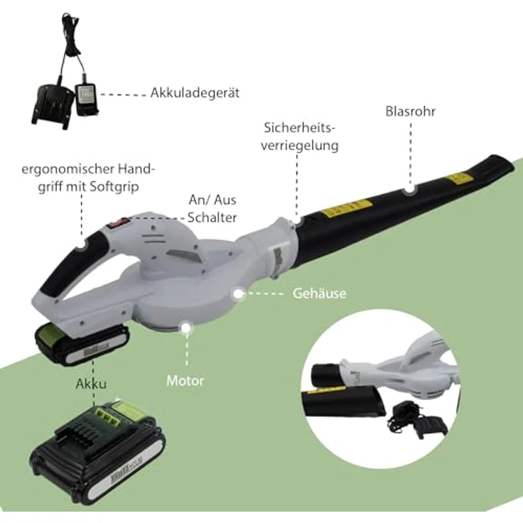 TRUTZHOLM Akku Laubbläser 20V, kabellos, mit 2000mAh Akku und Ladegerät, 40Min Laufzeit, ergonomischer Griff – Bild 3
