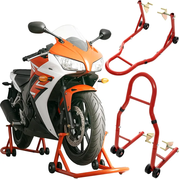 KRAFT&DELE Motorrad Ständer Set, 2-teiliges Montageständer Set für Vorder- und Hinterrad, stabiler Heber aus schwarzem Stahl, bis 200 kg, verstellbare Gabelköpfe