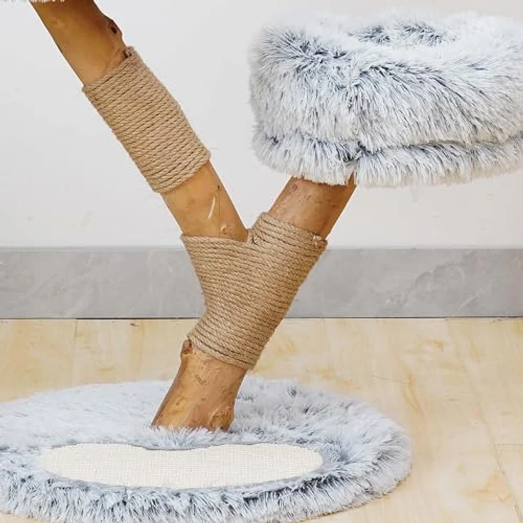 Fudajo Kratzbaum Zweigdesign mit Katzenhöhle 80 cm, Designer Katzenkratzbaum mit Plüsch und Birnbaumholz, Katzenbaum aus Holz mit Kratzmatte, Naturfarben – Bild 3