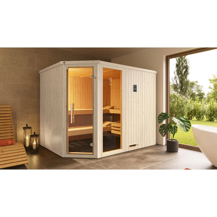 Weka Sauna Element-Ecksauna VARBERG 4, 244 x 194 x 199 cm, 68 mm, moderne Ganzglastür, Graphit-Optik
