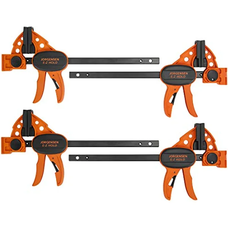 Jorgensen Schraubzwingen Set Profi Einhandzwingen 4 Stück, Spannweite 150mm, Dehnbereich bis zu 290mm Spannkraft 68kg, Maultiefe 62mm, aus Stahl und Nylon für präzises Fixieren