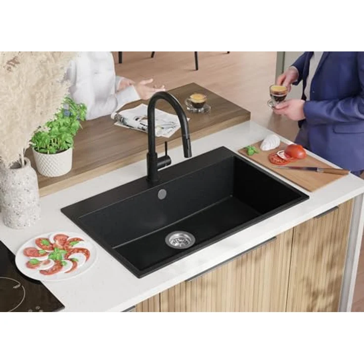 Primagran Spülbecken Anthrazit 78x50cm Granitspüle mit XXL-Kammer und Ablauf-Set - Riga – Bild 3