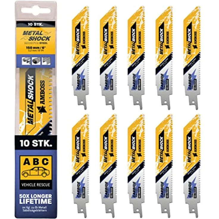 AMBOSS METAL SHOCK - 10x Säbelsägeblatt Länge 150 mm / 8 ZpZ - ideal für Abriss / Fahrzeugrettung / Aufbau / Demontage / Rohrleitungsbau - geeignet für Stahl (Rohre / Profile / Träger) sowie Gussrohre