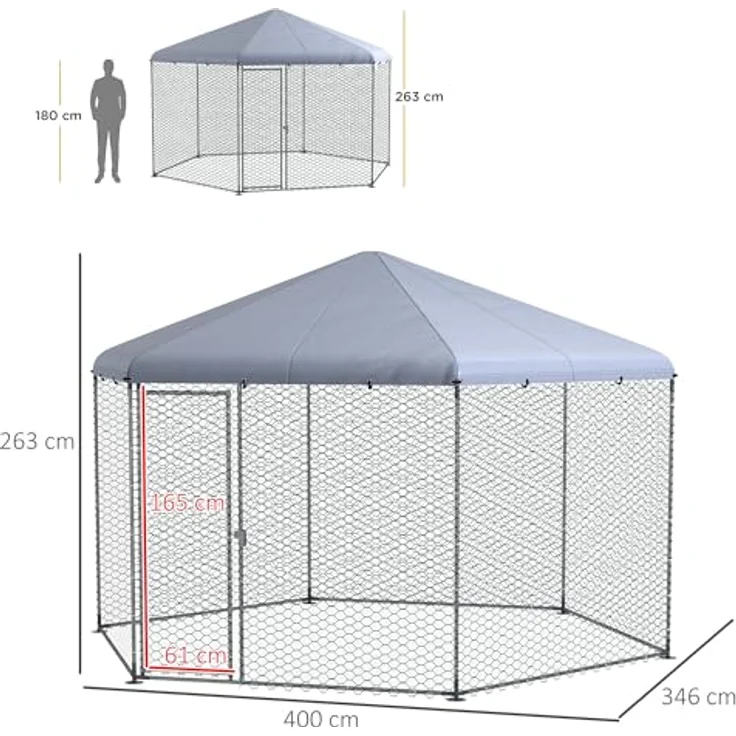 PawHut Hühnerstall 400 x 346 x 263 cm, Freilaufgehege aus verzinktem Stahl für 10-15 Hühner, grau – Bild 7
