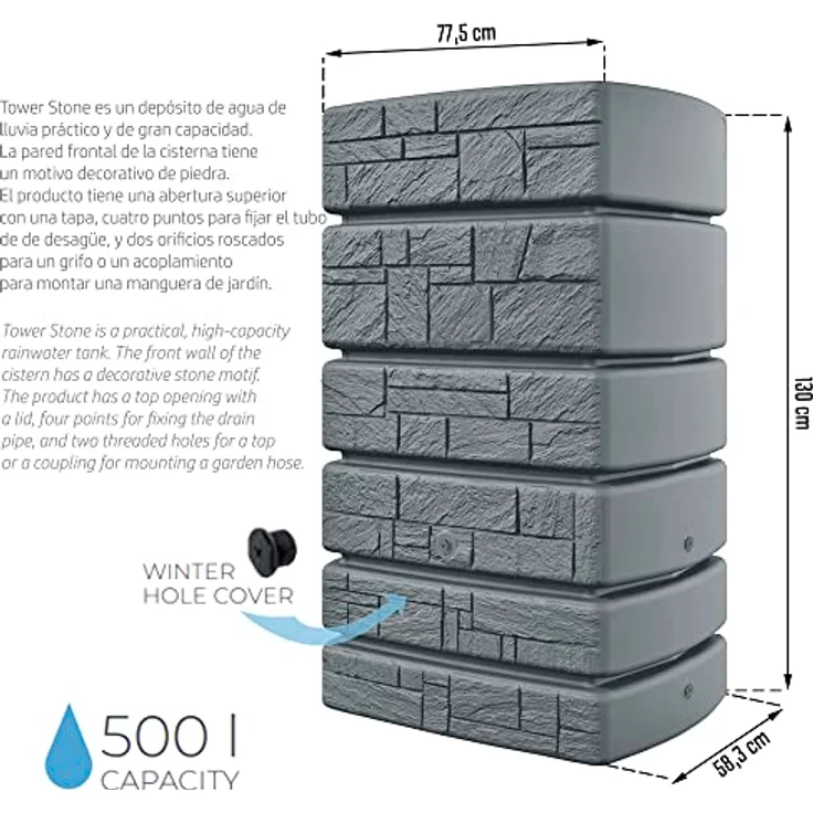 Stones Garden Regenwasserbehälter Tower Stone 500L Grau Rectangle Regentonnen – Bild 2