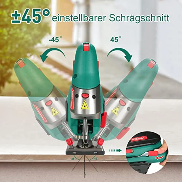 HYCHIKA BETTER TOOLS FOR BETTER LIFE Stichsäge, 800W Max Holz Schnitttiefe 110mm, 800-3000SPM HYCHIKA Elektrische Stichsäge mit Laser, 6 Blätter, Fasenschneiden: -45 °bis 45° – Bild 5