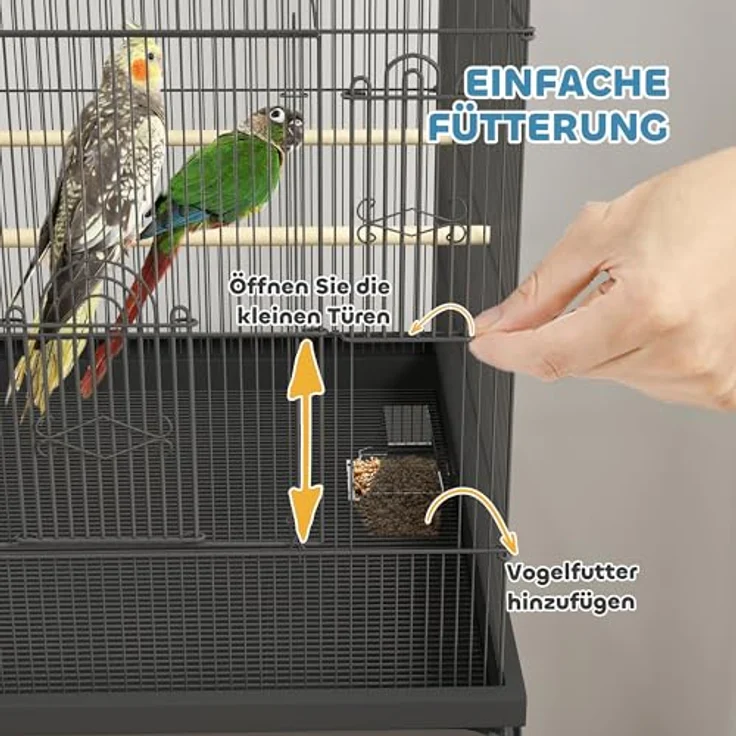 PawHut Vogelkäfig Wellensittichkäfig mit Tablett, Futterstation und Ablagefläche, Stahl Schwarz, 63 x 53 x 144 cm – Bild 5