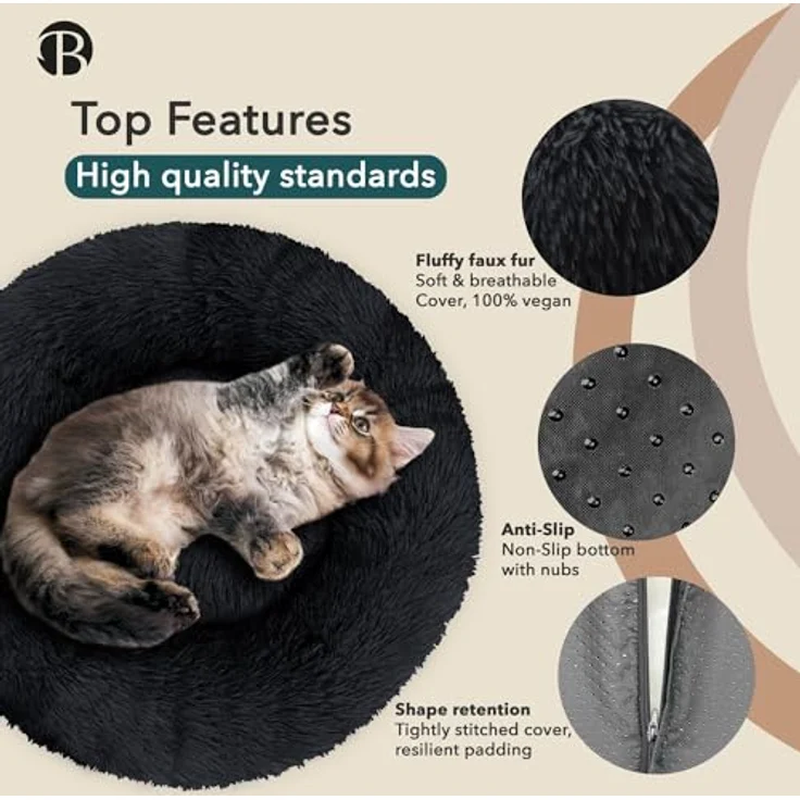 bluzelle Orthopädisches Hundebett für Kleine Hunde & Katzen, 50cm Donut Kissen Waschbar Rund Memory Foam Hundekorb Katzenbett Flauschig Hundekissen Katzenkissen, Farbe:Schwarz – Bild 3