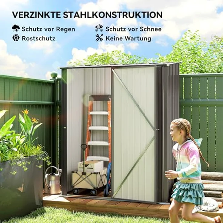 Outsunny Metall Gerätehaus 1,34m² mit Pultdach, abschließbare Tür, wetterfest, 161,5 x 94,5 x 196cm, hellgrau – Bild 3