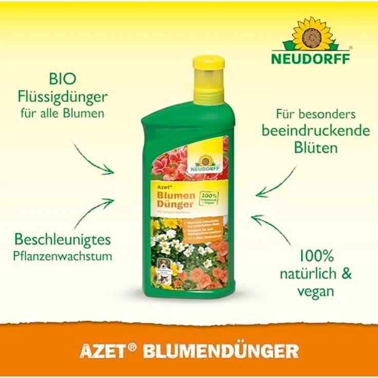 Neudorff Azet Blumendünger Bio, 1L flüssig, 100% organisch und vegan für 200L Gießwasser, ideales Balkon- und Zimmerpflanzendünger mit Dosierbecher – Bild 2