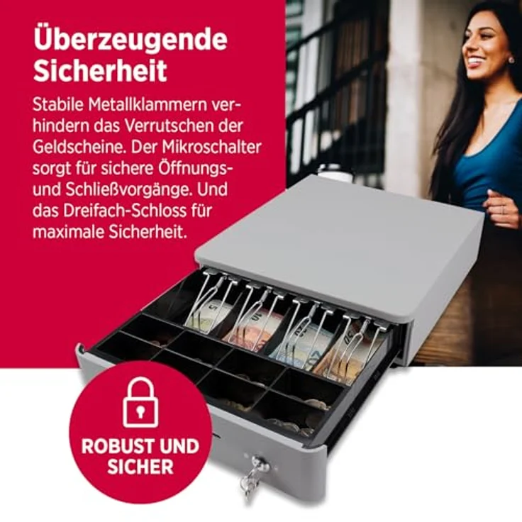 Olympia S 330 Color Geldkassette, Kassenlade mit 8 Münzfächern, 4 Scheinfächern, Mikroschalter, 3 Schlüsselpositionen, Weiß – Bild 4