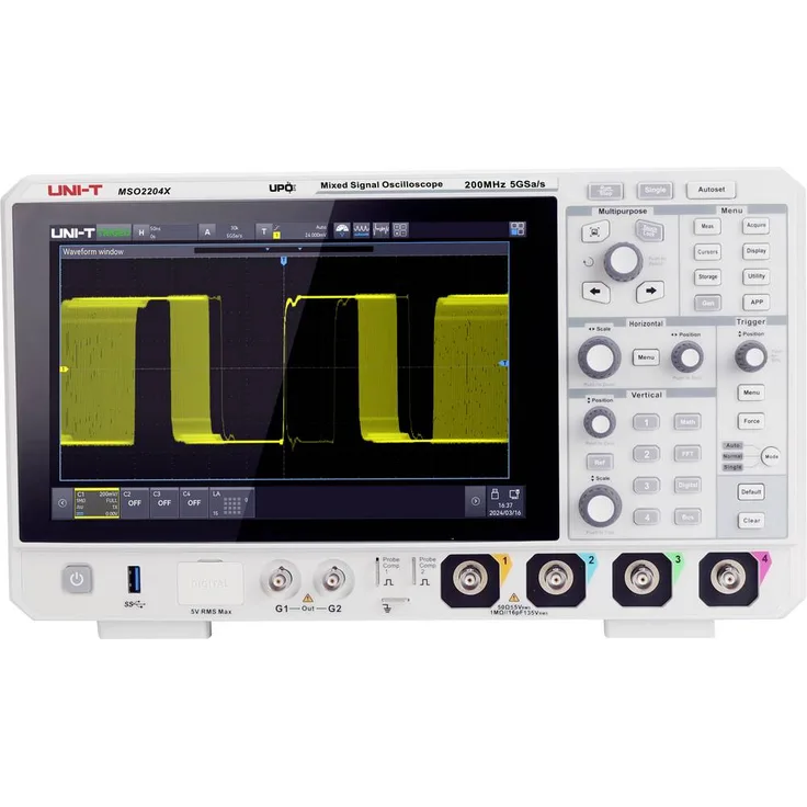 Uni-T MSO2204X, Digital-Oszilloskop mit 200 MHz Bandbreite, 100 Mpts Speichertiefe, 5 GSa/s Abtastrate, 9 Trigger-Modi und serielle Bus-Dekodierungen