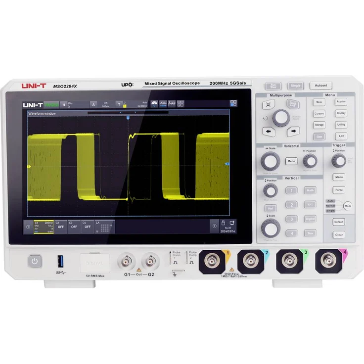 Uni-T MSO2204X, Digital-Oszilloskop mit 200 MHz Bandbreite, 100 Mpts Speichertiefe, 5 GSa/s Abtastrate, 9 Trigger-Modi und serielle Bus-Dekodierungen
