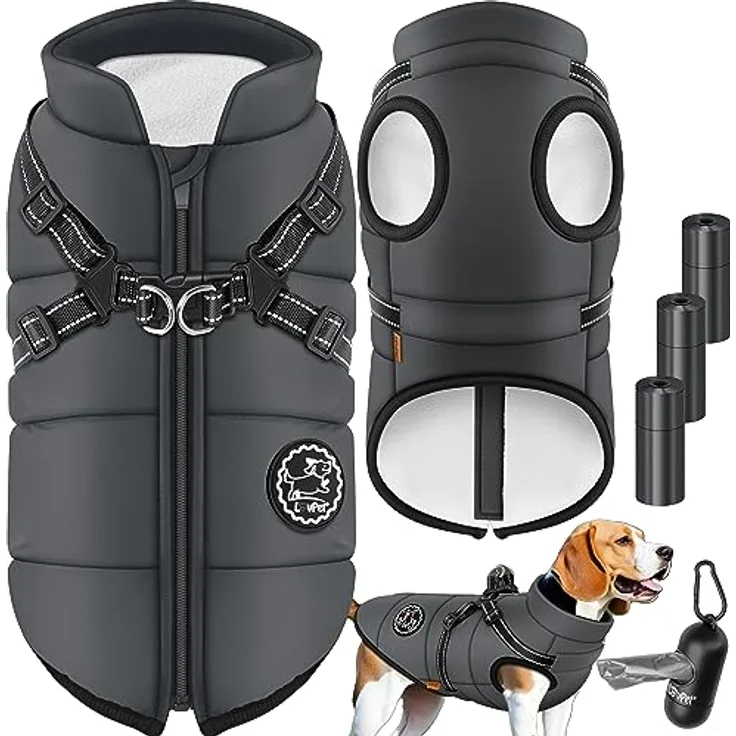 LOVPET® Hundejacke Hundemantel mit Geschirr, inkl. 45 Stück Kotbeutel + Spender, Hunde Winterweste gefüttert wasserdicht, Gepolsterte Weste Mit Brustgurt, Reflektoren, D-Ring 5XL, Anthrazit