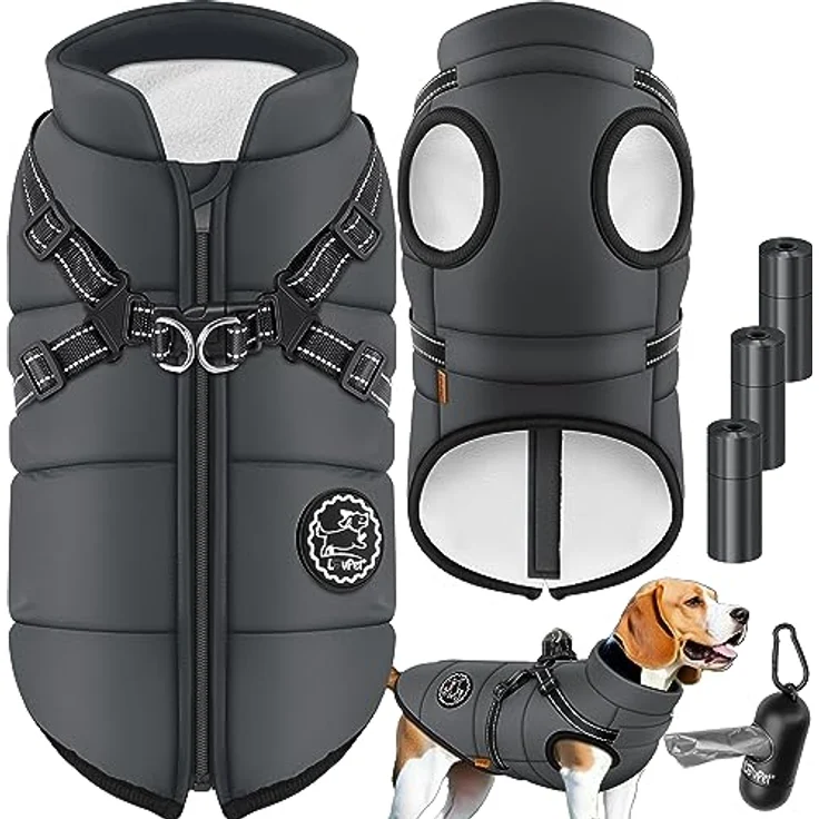 LOVPET® Hundejacke Hundemantel mit Geschirr, inkl. 45 Stück Kotbeutel + Spender, Hunde Winterweste gefüttert wasserdicht, Gepolsterte Weste Mit Brustgurt, Reflektoren, D-Ring 5XL, Anthrazit – Bild 1