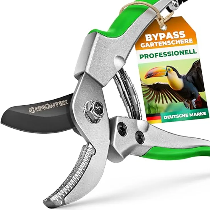 GRÜNTEK Gartenschere Amboss Pflanzenschere TUKANE 195 mm, SK5 Stahl, Antihaftbeschichtet, mit Soft-Touch-Griffen