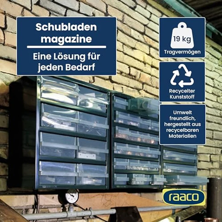 Raaco Werkstattschrank, Schubladenmagazin aus Stahl mit dunkelblauer Emaillackierung, 30.60 cm x 28.30 cm, freistehend oder wandmontierbar – Bild 3