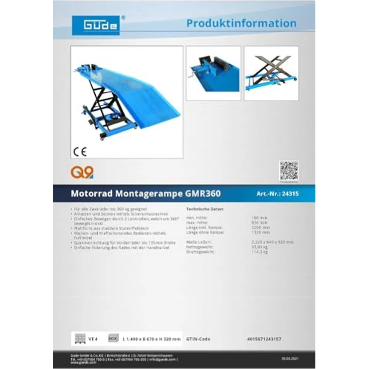 Güde Wagenheber GMR360, max. Hubhöhe 84 cm, Motorrad-Hebebühne blau-schwarz für Vorderräder bis 135 mm – Bild 7