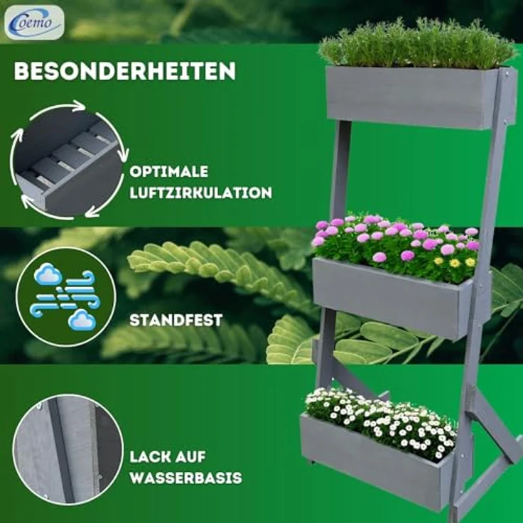Vertikalbeet Petra Hochbeet Holz 3 Etagen Blumenkasten - Blumentreppe Kräuterbeet Frühbeet Blumenbeet Pflanzkasten inkl. Gartenvlies - Stufenbeet 66 x 49 x 140 cm für Terrasse Balkon & Wintergarten – Bild 4