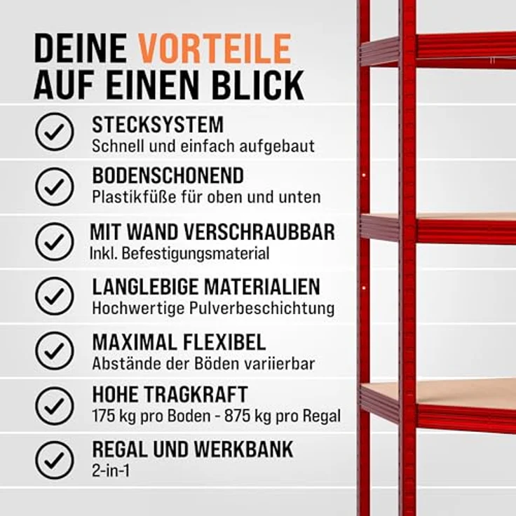 monzana Schwerlastregal, Eckregal 180x70x40cm, 875 kg Tragkraft, 5 MDF-Platten, rot – Bild 8
