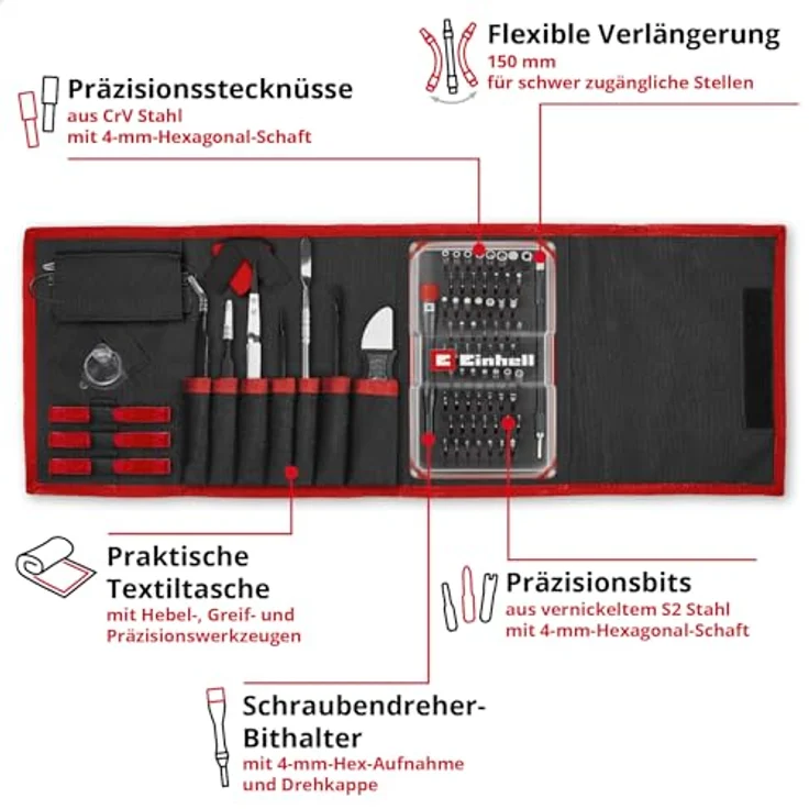Einhell 84-tlg. Präzisions- und Elektronik-Reparatur-Set mit Schraubendreher-Bithalter, flexibler Wellenverlängerung, Erdungsarmband und Spudger – Bild 3