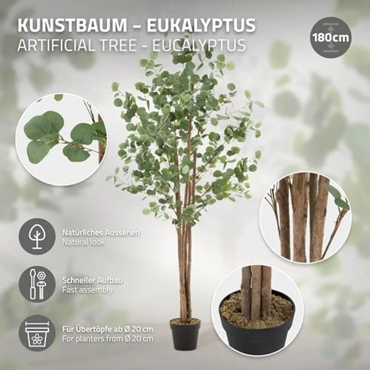 ML DESIGN Künstliche Eukalyptus 180 cm, Kunstpflanze mit Naturholzstamm und schwarzem Topf, Deko für Innen- und Außenbereich – Bild 3