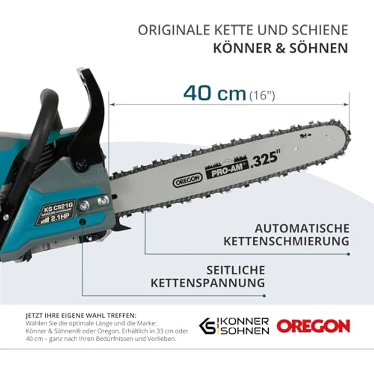 Könner & Söhnen Benzin-Kettensäge KS CS21G-16-1, 1,6 kW, 45 cm³, Schwertlänge 40 cm, Easy-Start-System, hohe Sicherheit, Anti-Vibrations-System – Bild 7