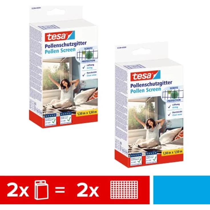 tesa Pollenschutzgitter im 2er Pack- zuschneidbarer, transparenter Pollenschutz für Allergiker - für nach innen öffnende Fenster - inkl. selbstklebendem Klettband - Anthrazit - 2x 130 cm x 150 cm – Bild 2