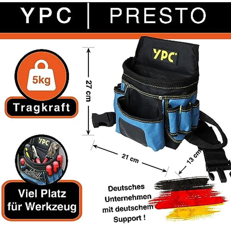 YPC Presto Werkzeug Gürteltasche XL – Wasserfeste Werkzeugtasche mit Hammerschlaufe, 12 Taschen, reißfester Nylongürtel, Blau-Schwarz, 27x21x13cm, 5 kg Tragkraft – Bild 2