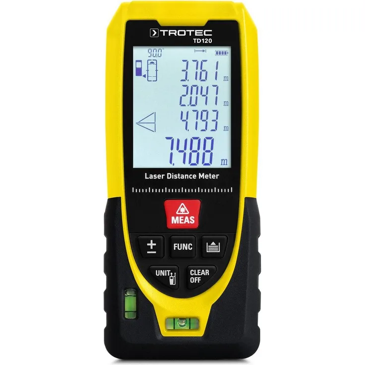 TROTEC Lasermessgerät Entfernungsmesser TD120, Berechnung von Rechteckflächen und -volumen, robust und kompakt, IP40-Ausführung, 360°-Neigungssensor