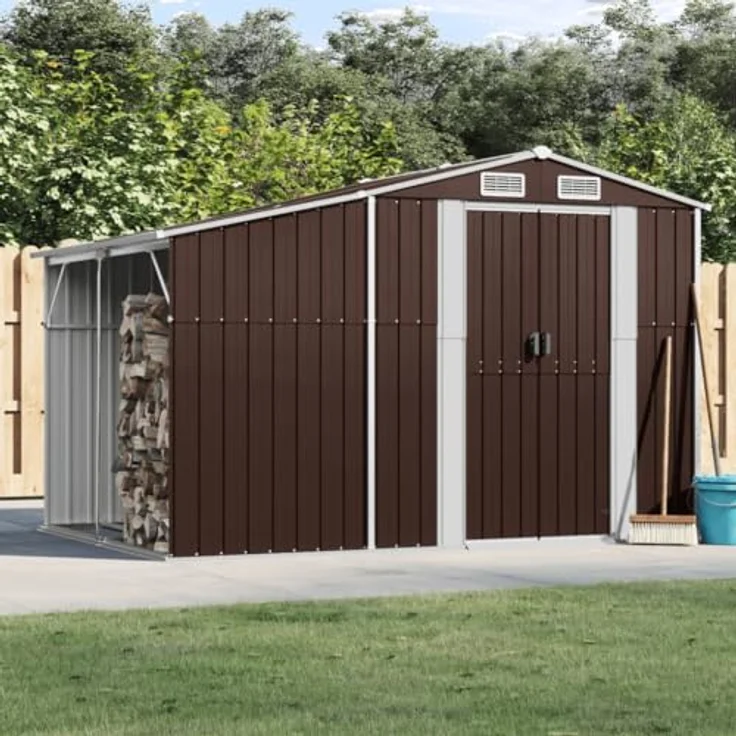 vidaXL Gerätehaus, Gartenhaus mit Schrägdach Griffe, Gartenschuppen Schuppen mit Stauraum, Geräteschuppen Metallschuppen, Braun 277x192,5x179 cm Verzinkter Stahl – Bild 2