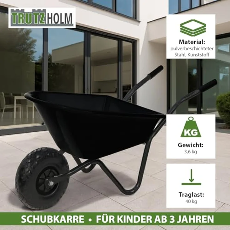 TRUTZHOLM Kinderschubkarre Uni, 40 kg Traglast, 3,6 kg leicht, pulverbeschichtetes Stahlgestell, rostfreie Polypropylen-Wanne, Vollgummirad, schwarz – Bild 3