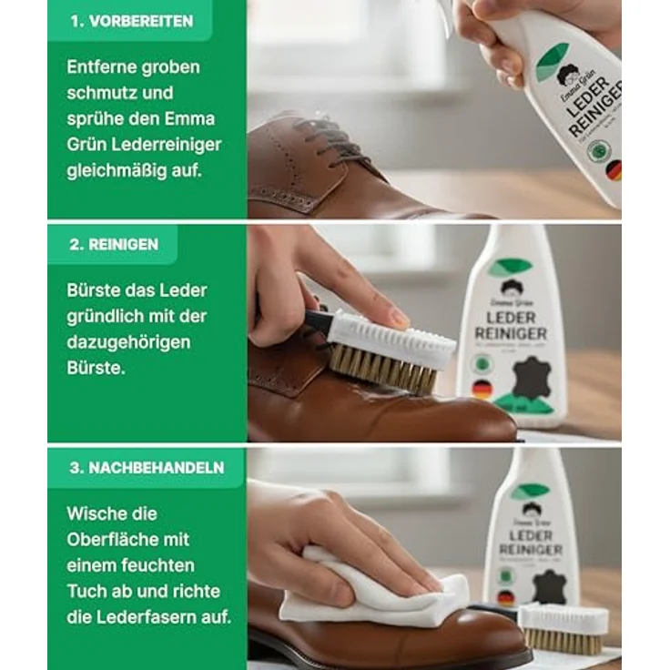 Emma Grün Lederreiniger Set, 500 ml für Wild-, Rau- & Nubukleder mit Wildlederbürste zur effektiven Fleckenentfernung und Geruchsbeseitigung – Bild 7