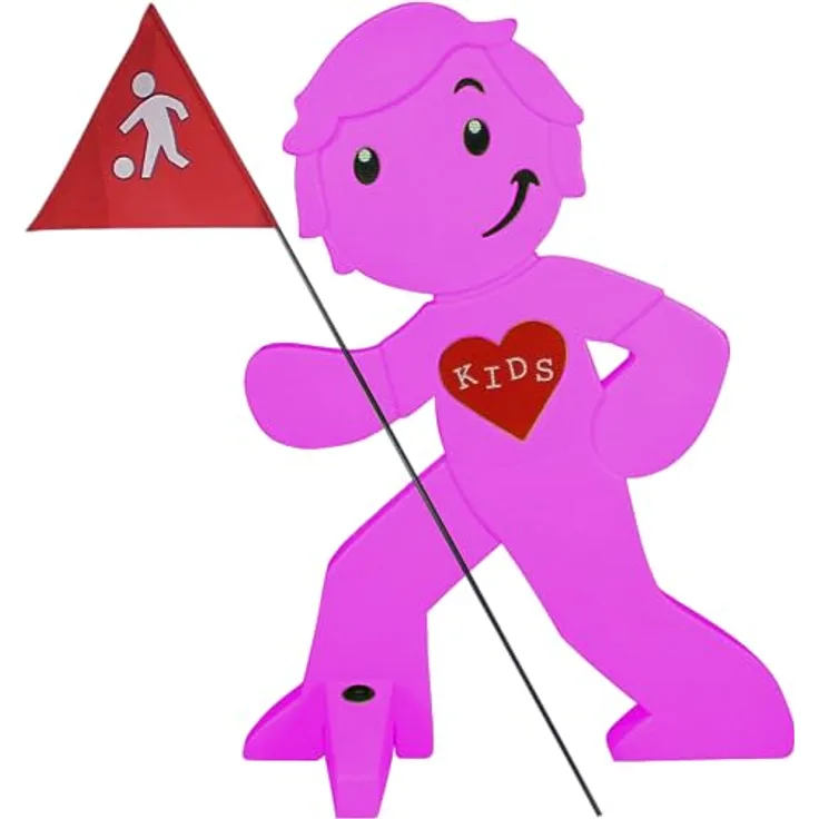 StreetBuddy - Warnfigur mit Fahne, reflektierender Warnaufsteller für Kindersicherheit - Achtung langsam fahren - Vorsicht spielende Kinder - Schild Autofahrer Warnung (Magenta)