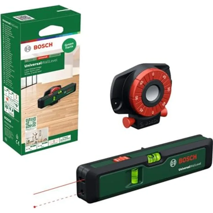 NoName BOSCH Laser-Wasserwaage UniversalWallLevel, kompakte Wasserwaage mit Laserpunkt und -linien, Genauigkeit ± 0,5 mm/m, inklusive Wandhalterung und Batterien