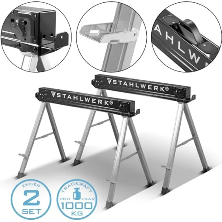 STAHLWERK Klappbock Sägebock SB-757 ST im 2er Set, 500 kg max. Belastbarkeit, Arbeitshöhe 76 cm, pulverbeschichtetes Metall – Bild 2