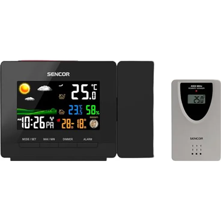 Sencor SWS 5400, Luftstation mit Projektor, Wecker und Wetterstation, Schwarz, Temperatur- und Luftfeuchtigkeitsmessung, Reichweite bis 70 Meter