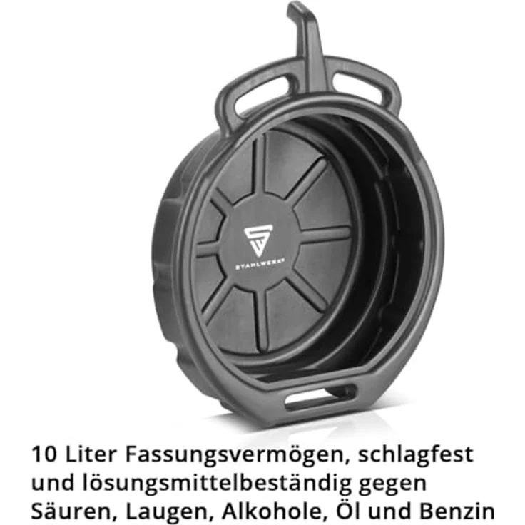 STAHLWERK Ölauffangwanne mit Abfüllstutzen, 10 l 2er Set, flach und rund, robust aus Kunststoff, praktische Griffe für einfachen Transport – Bild 3