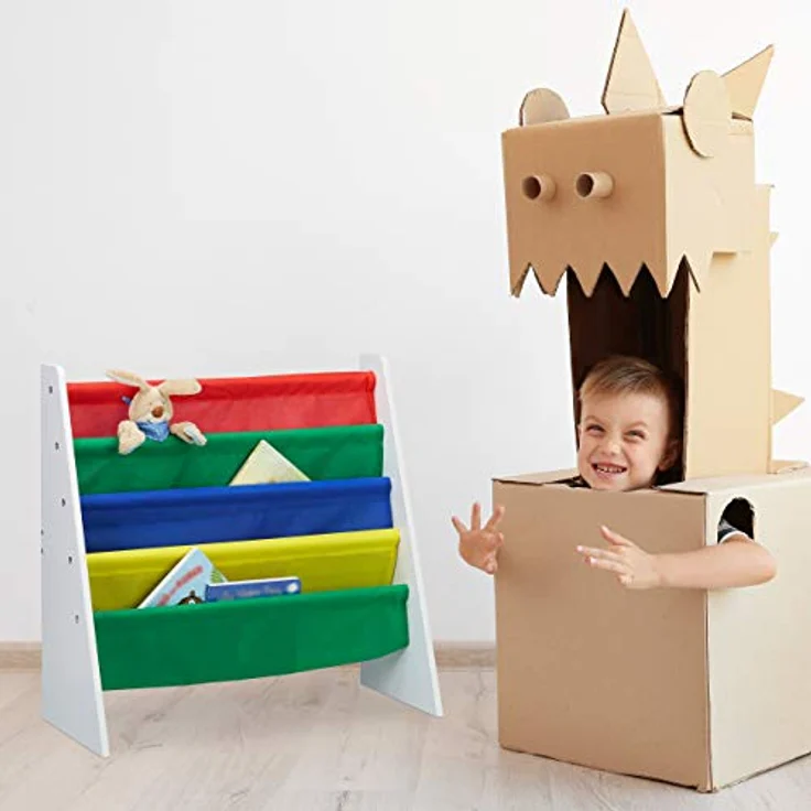 Relaxdays, Mehrfarbig Bücherregal für Kinder, Aufbewahrungsregal, Spielzeugregal, aus MDF+Polyester, mit 4 Stofffächern, Standard – Bild 2