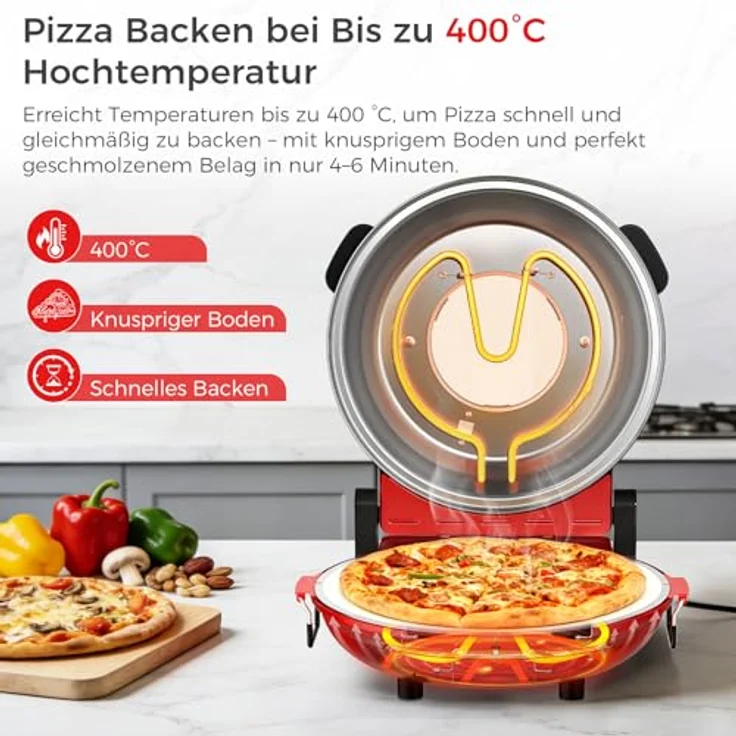 YASHE Pizzaofen Elektrisch, 400°C, 1200W, Keramikstein, Sichtfenster, Timer, für knusprige Pizza in 4–6 Minuten – Bild 2